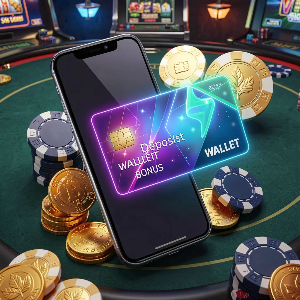 Konsep bonus deposit JAVO888 menampilkan dompet ponsel pintar dengan kartu pembayaran bercahaya, dikelilingi koin emas dan chip poker, dalam gaya kasino seluler modern