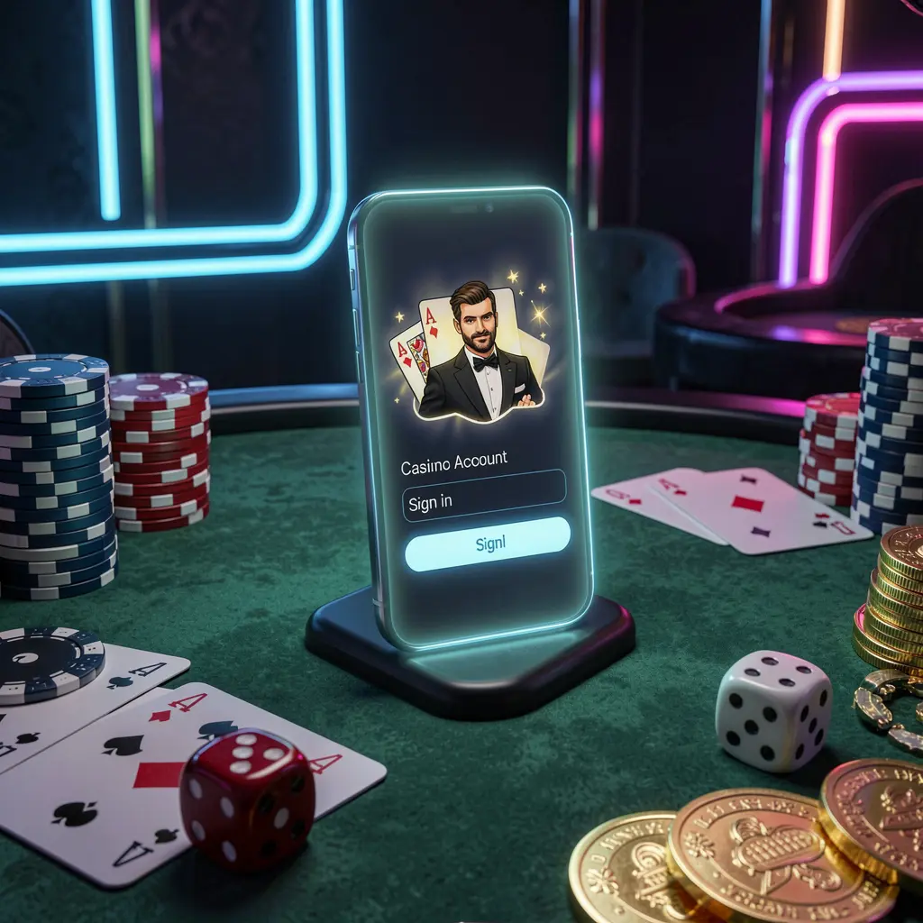 Adegan masuk akun kasino JAVO888 dengan ponsel pintar bercahaya di atas meja kasino yang dikelilingi kartu, chip, dadu, dan koin emas, berlatar belakang gelap elegan dengan sorotan neon dalam render 3D realistis