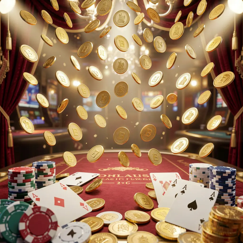 Spanduk beranda platform permainan daring JAVO888 dengan lampu kasino yang terang, koin emas berjatuhan, chip poker dan kartu remi di latar depan, berlatar suasana mewah merah dan emas dengan render 3D detail tinggi