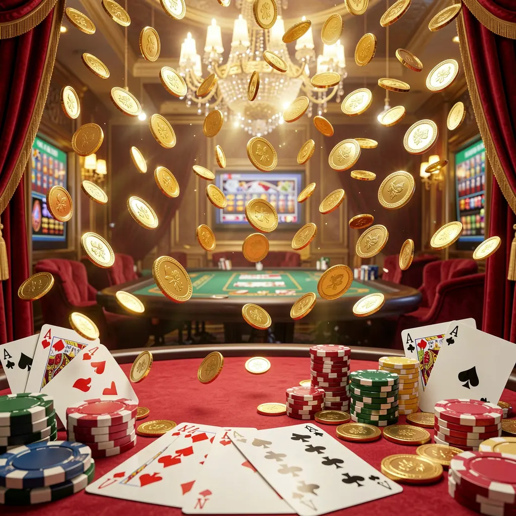 Spanduk beranda platform permainan daring JAVO888 dengan lampu kasino yang terang, koin emas berjatuhan, chip poker dan kartu remi di latar depan, menampilkan suasana mewah merah dan emas dalam render 3D detail tinggi